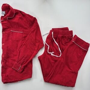 PETITE PLUME Flannel Pajama Set Shirt + Bottoms Mens Medium Red w/‎ White Trim